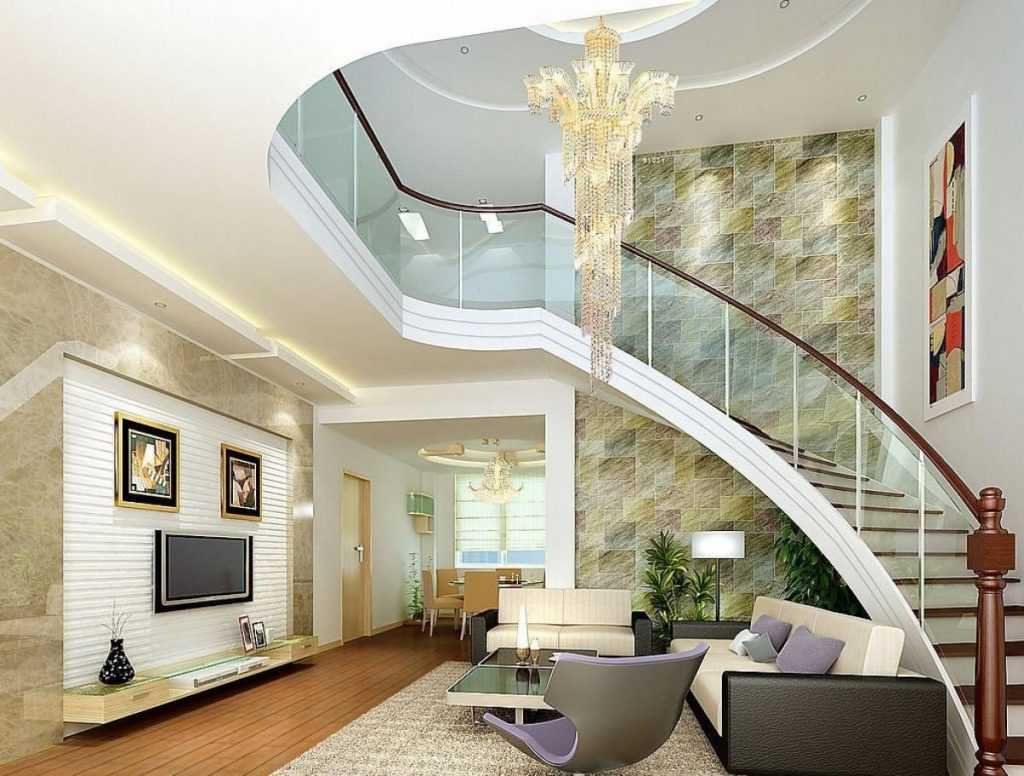 Реализация дизайна гостиной с лестницей на второй этаж