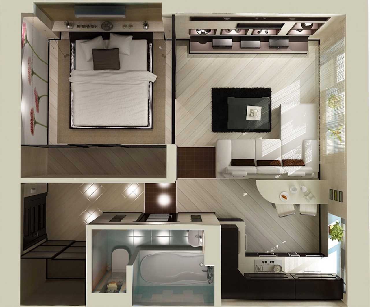 Дизайн однокомнатной квартиры 38-39 метров: фото интерьеров, проекты после перепланировки