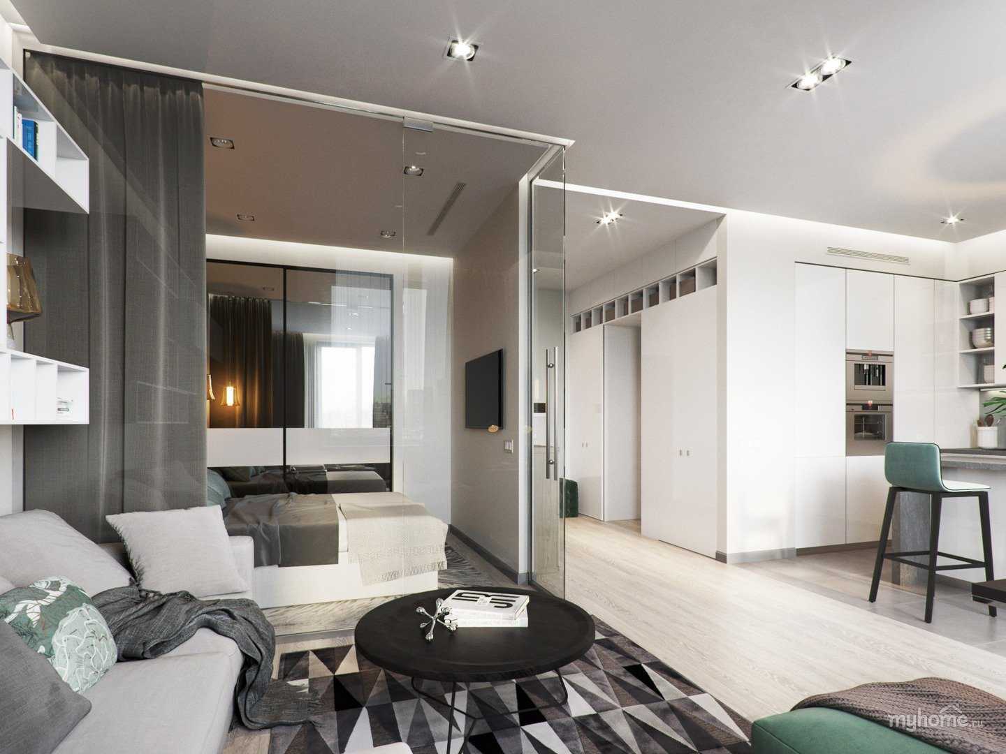 Благородный серый и оливка: дизайн интерьера 2-х комнатной квартиры